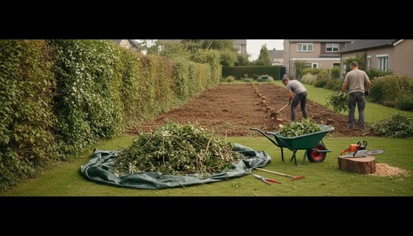 Rydning af ca. 33 meter hæk med redskaber og et ryddet 2 meter bredt bælte i en villahave.