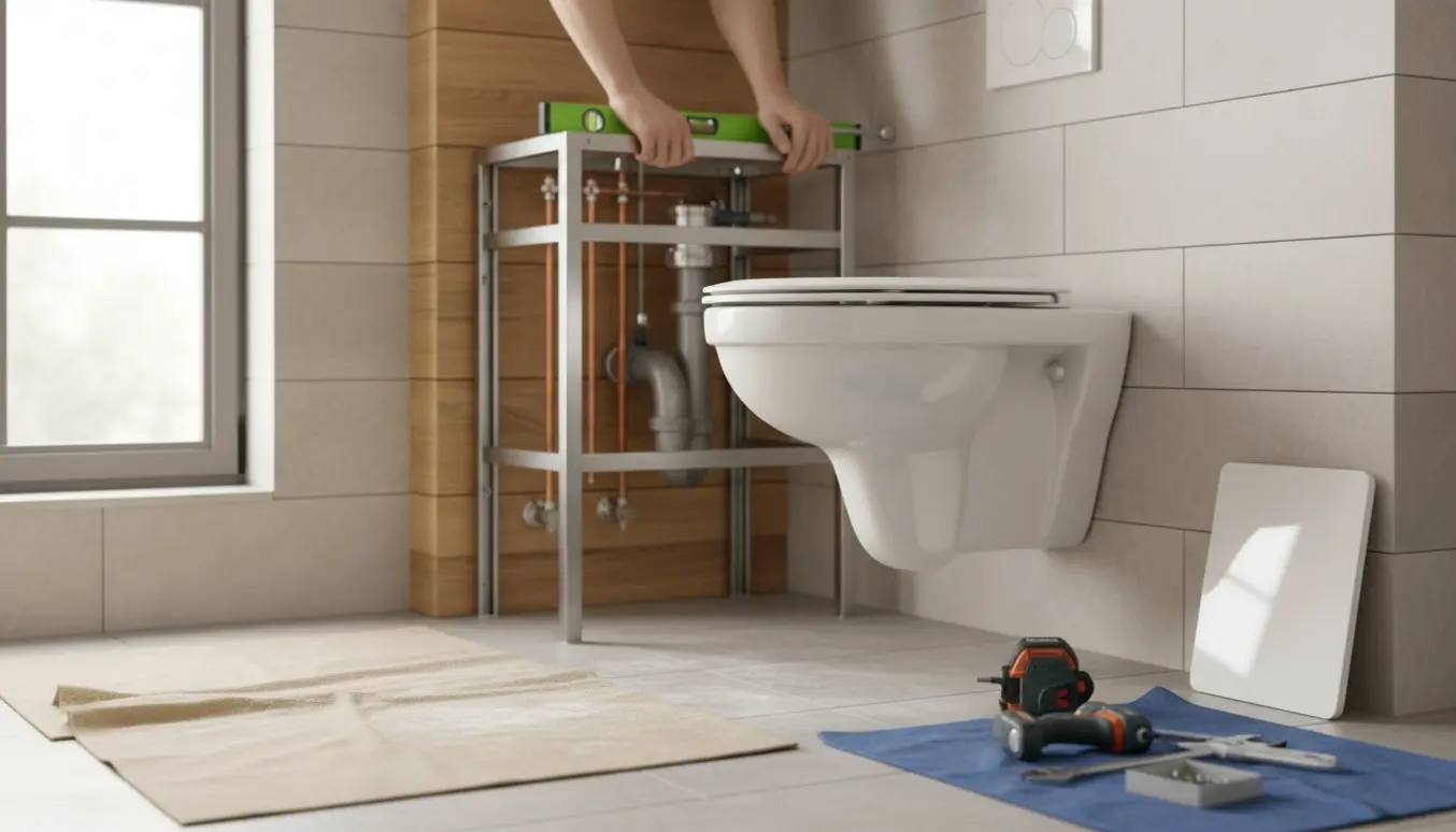 Væghængt toilet monteres på indbygget bæreframe i lyst badeværelse, det gamle gulvtoilet er fjernet.