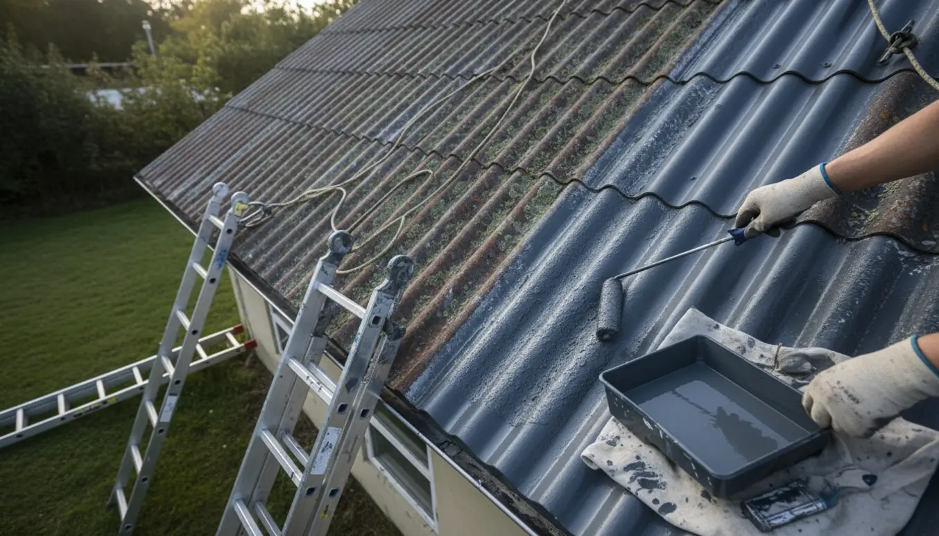 En person maler pandepladetag med rulle, åben malerbøtte og stiger på taget.