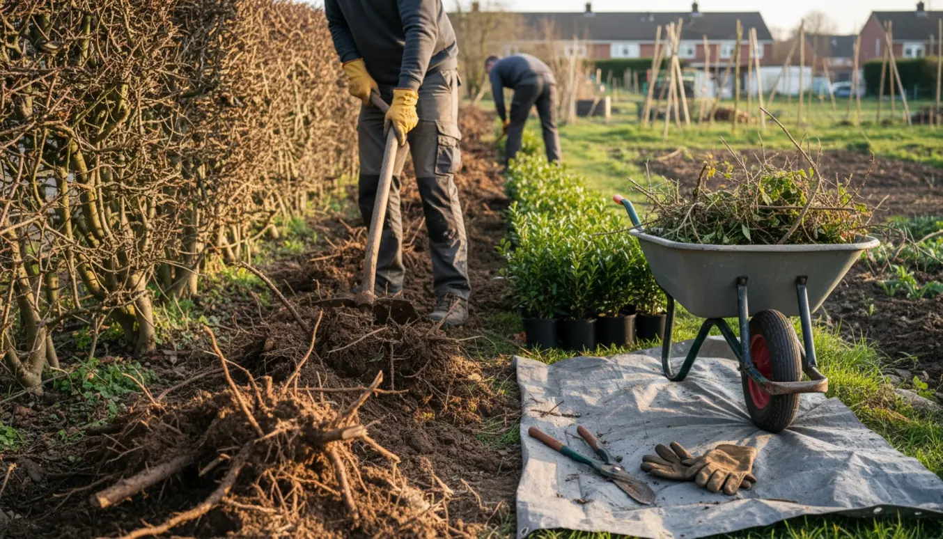 Lang række af tjørnehæk under opgravning med afskårne tornegrene, værktøj og potteplanter klar til liguster.