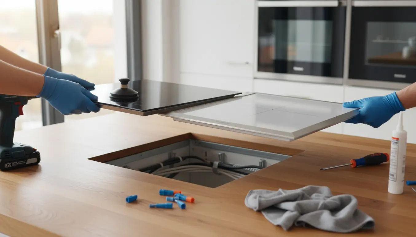 Håndværkere udskifter en gammel induktionskogeplade med en ny i en køkkenbordplade.