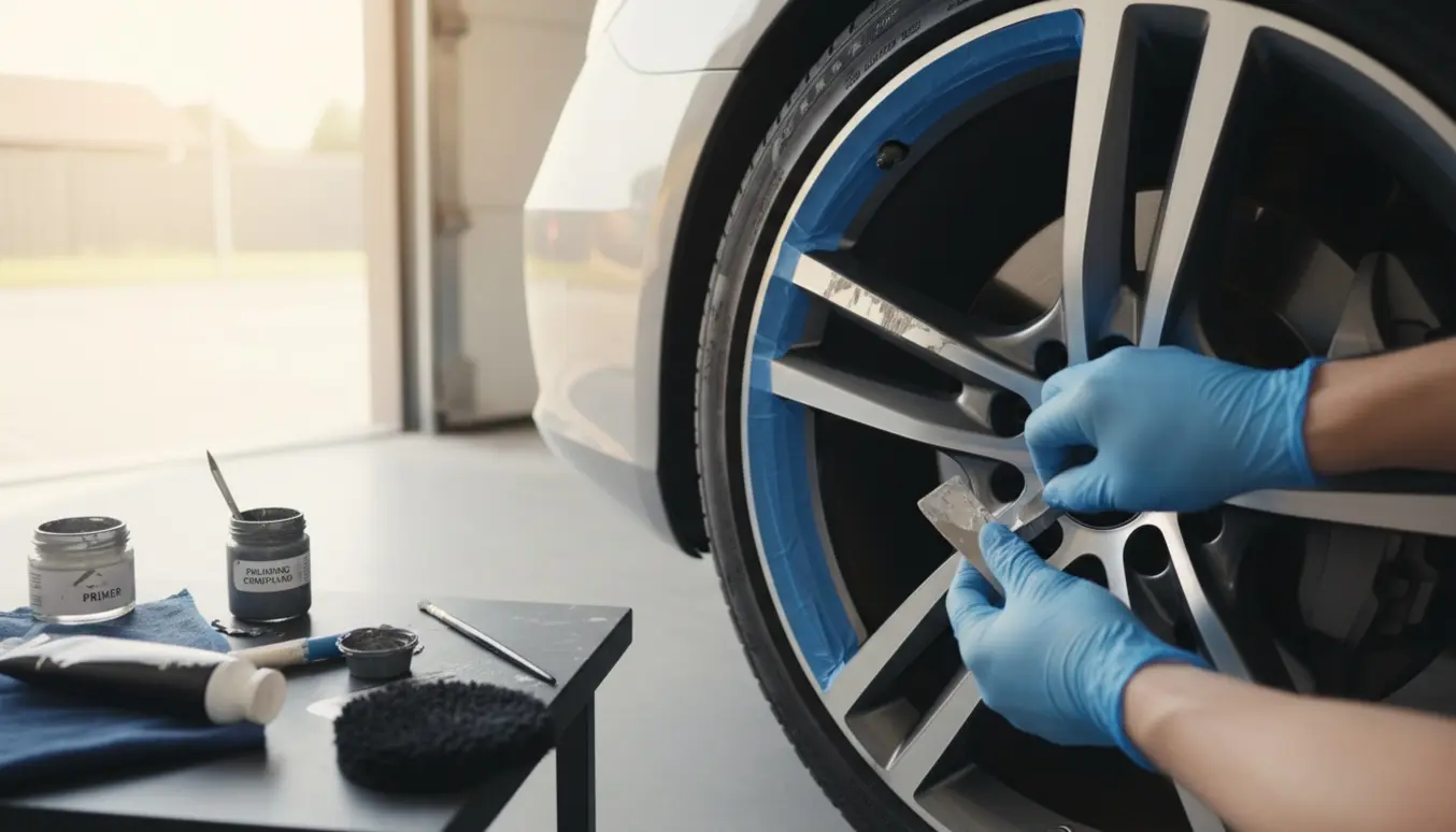 Nærbillede af forreste venstre alufælg med handsker, der sliber og reparerer en 6 cm lang ridse.