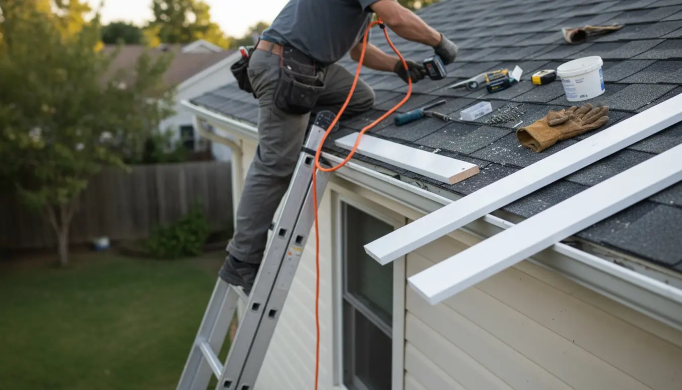 Håndværker udskifter topbrædder på en bagvendt kvist fra en stige med nymalede brædder og værktøj på taget.