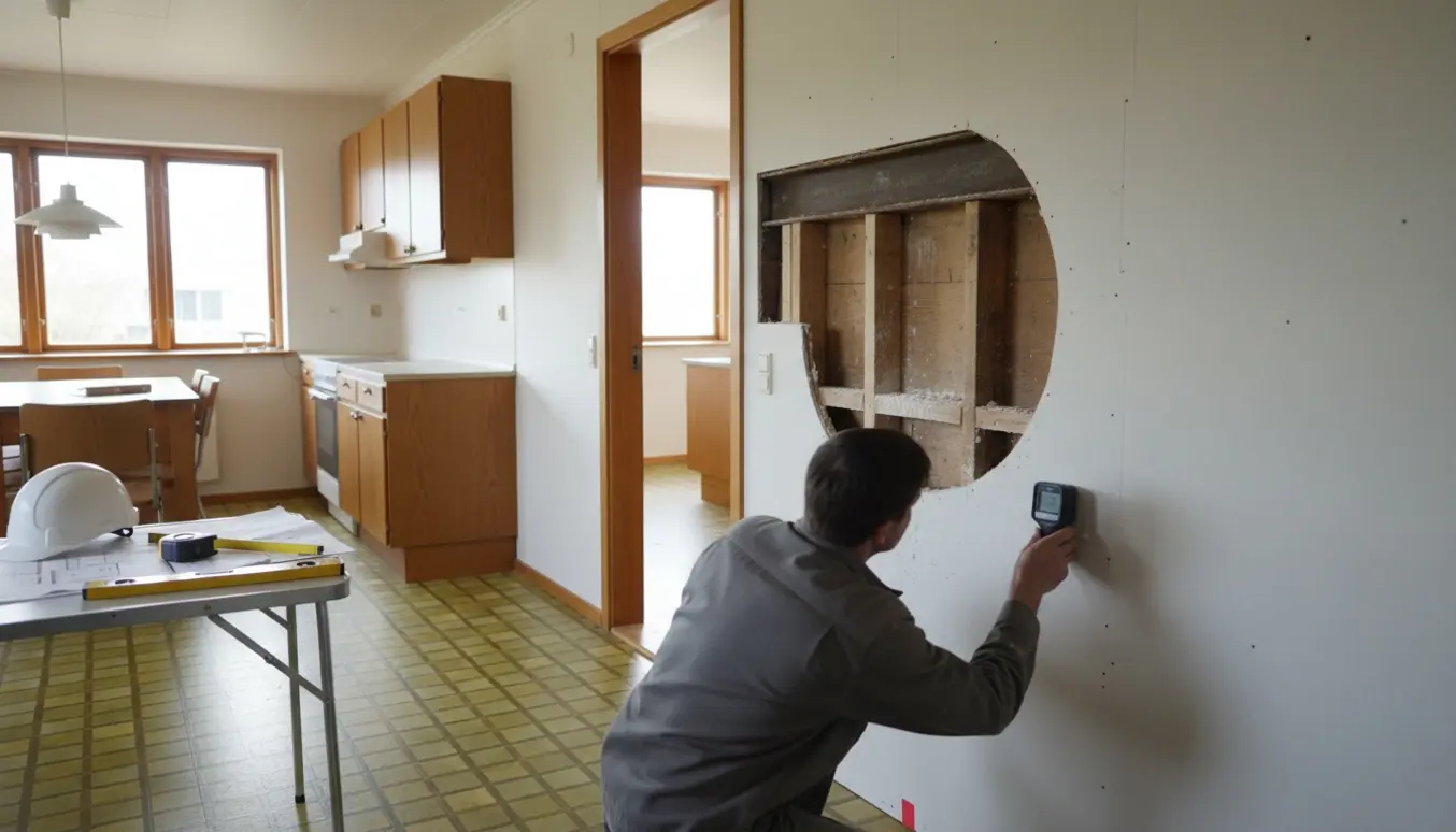 Bygningsingeniør undersøger to indvendige vægge i et 1970'er-hus med værktøj og et lille inspektionshul, der viser bjælke og stolper.