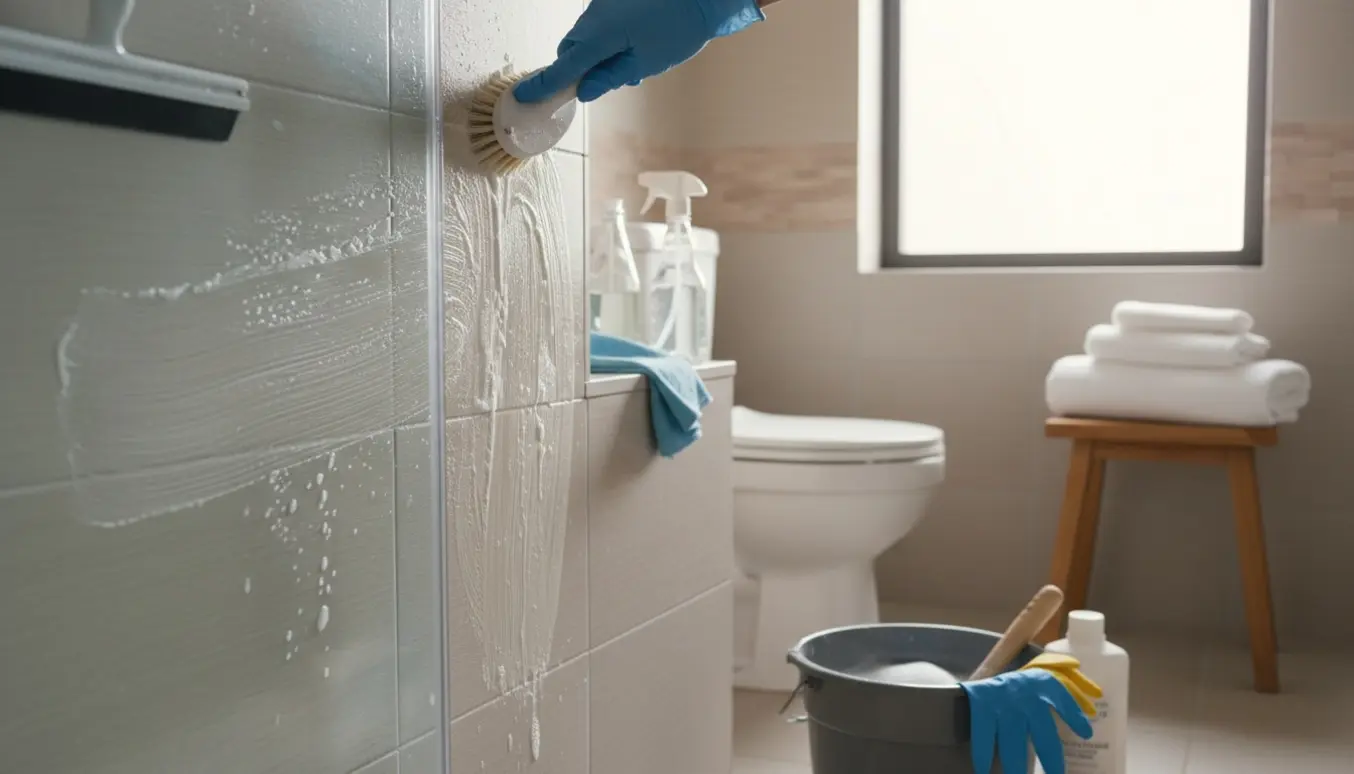 Gummihandske skrubber kalk af brusefliser med børste, mens et rent toilet og rengøringsredskaber ses i baggrunden.