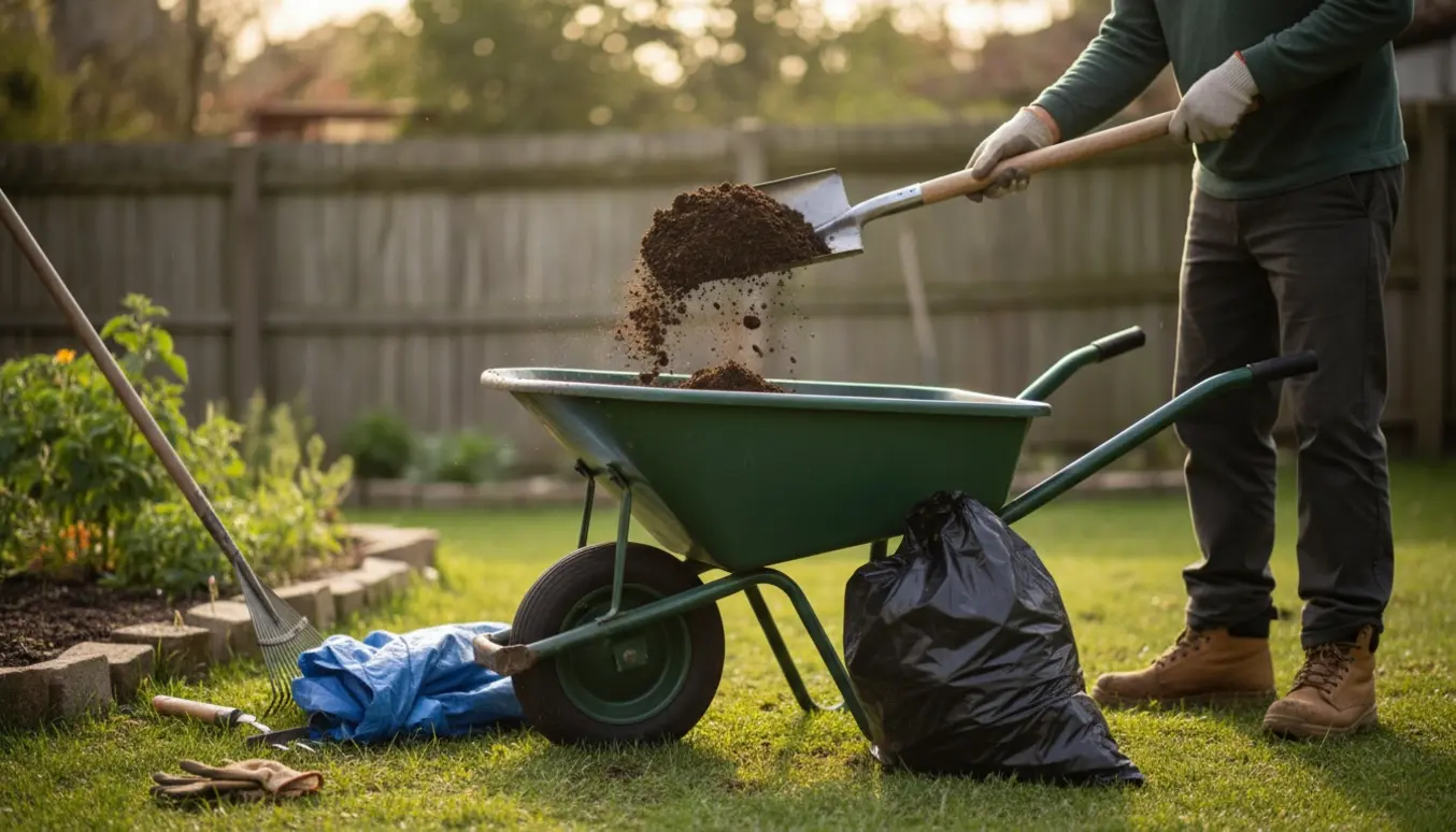Person skovler jord fra en bunke over i en trillebør i en have.