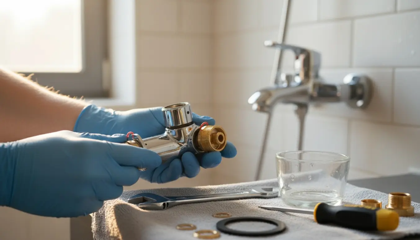 Hænder skifter rød pakning på varmtvandssiden af et chrome bruseblandingsbatteri med værktøj på en klud.