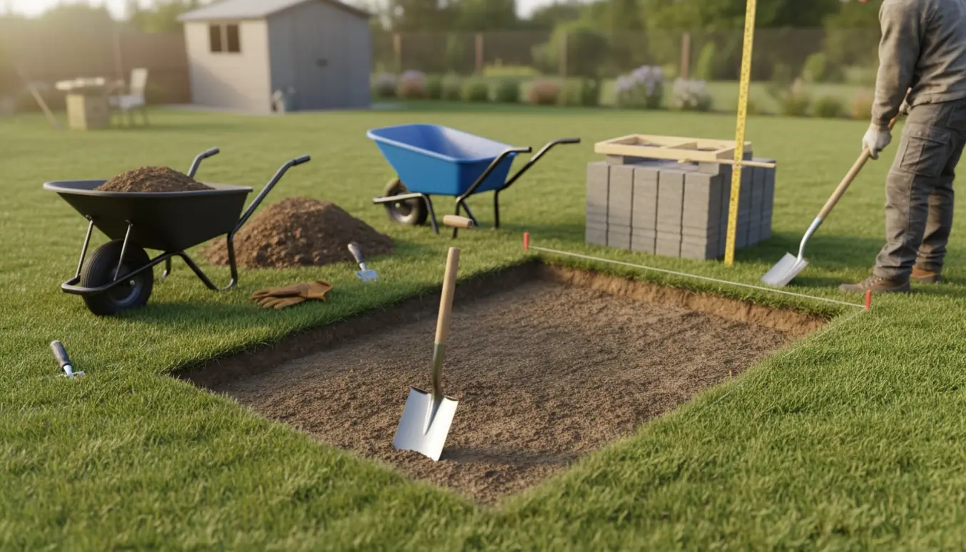 Trillebør fyldt med udgravet jord ved en 20 cm dyb udgravning i en baghave, klar til at blive kørt væk.