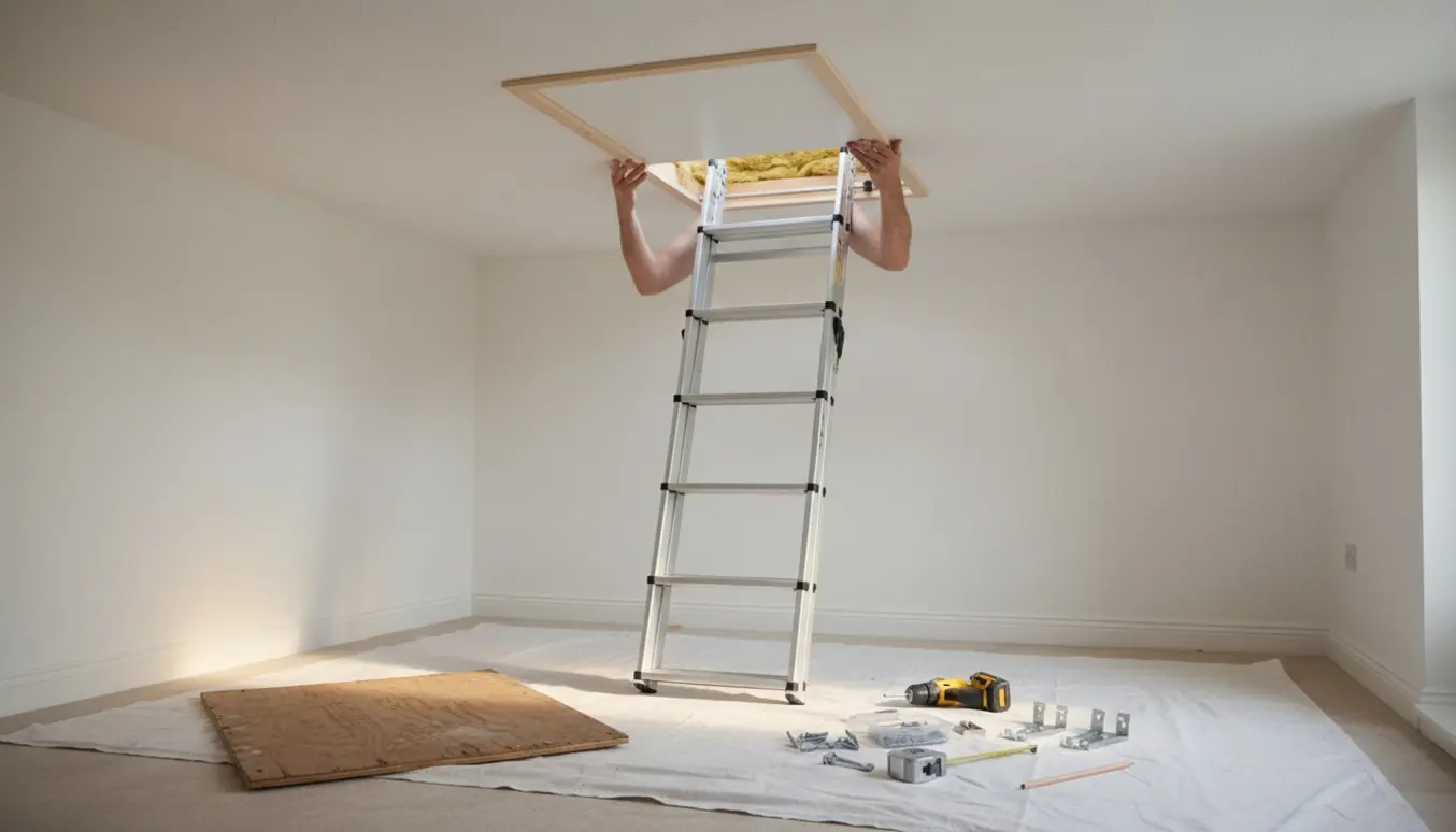 Ny isoleret loftlem med foldestige under montage, værktøj og hænder i fokus.