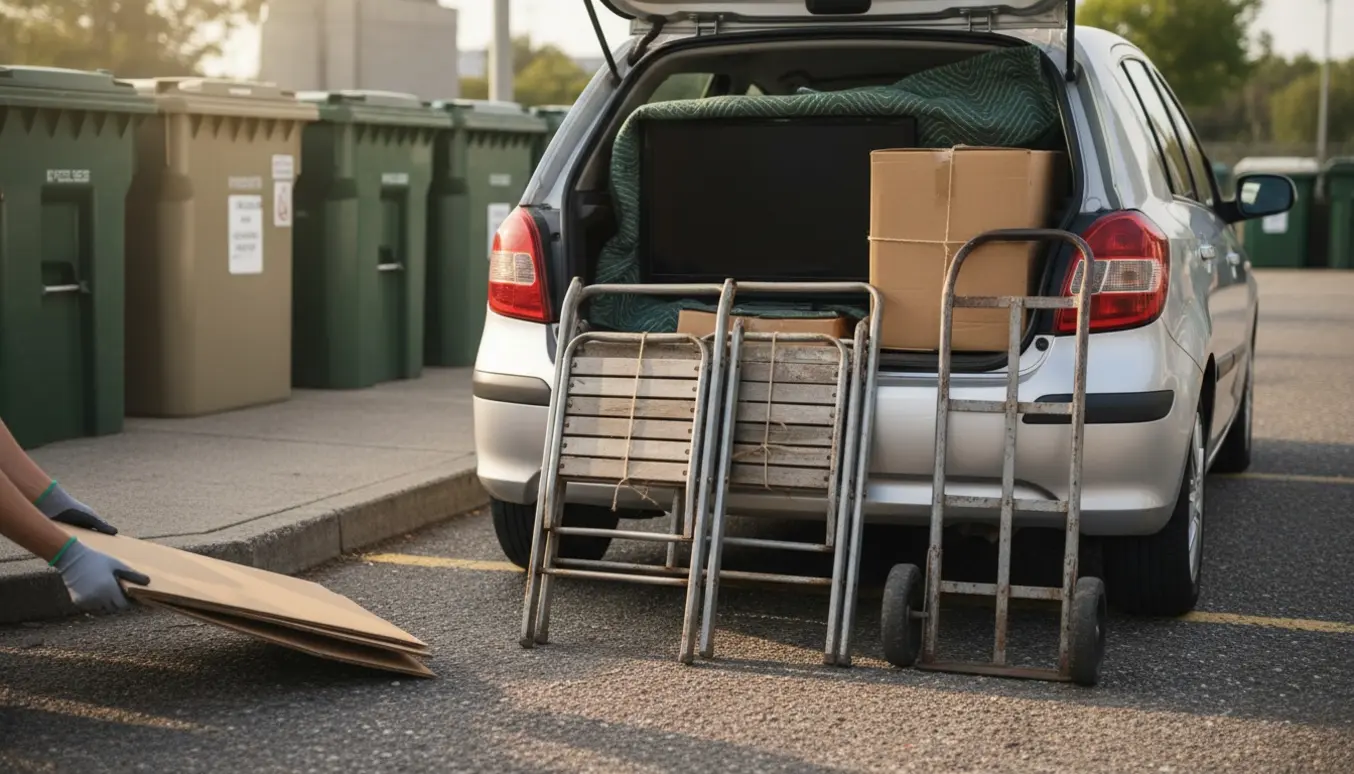Åben bagklap på bil med tv, to klapstole og sammenfoldet pap klar til aflevering på genbrugspladsen.