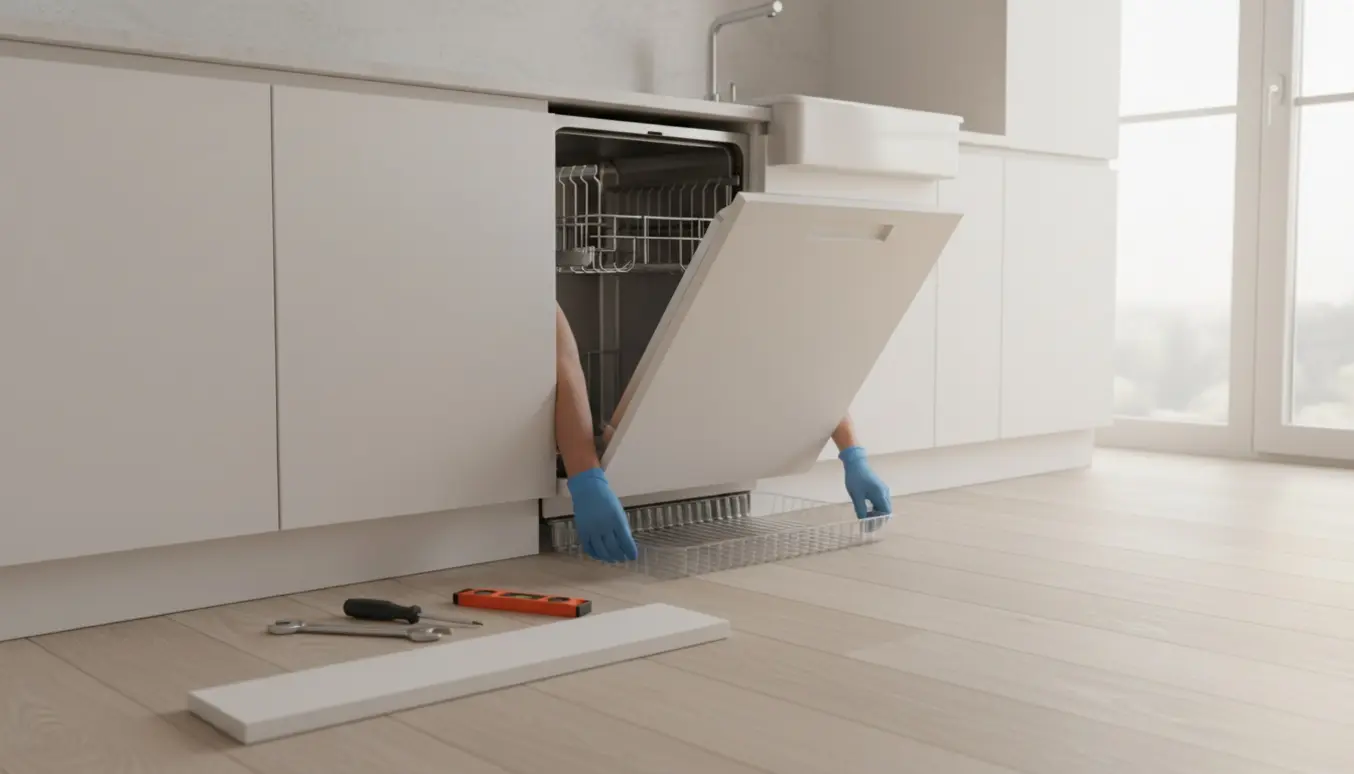 Hænder trækker en fuldintegreret opvaskemaskine ud for at placere en drypbakke på et vinylgulv.