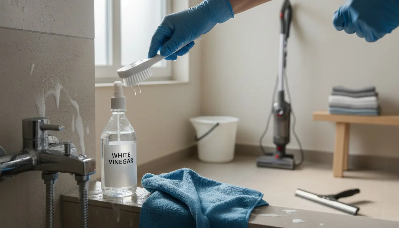 Hænder i handsker afkalker et krom brusehoved i et lyst badeværelse med rengøringsmidler i baggrunden.