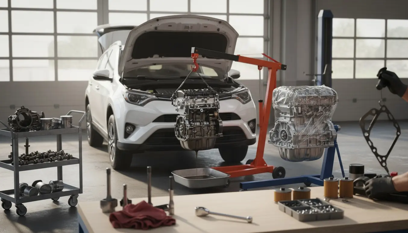 Motor fjernet fra en crossover i et solbelyst værksted, klar til reparation eller udskiftning.