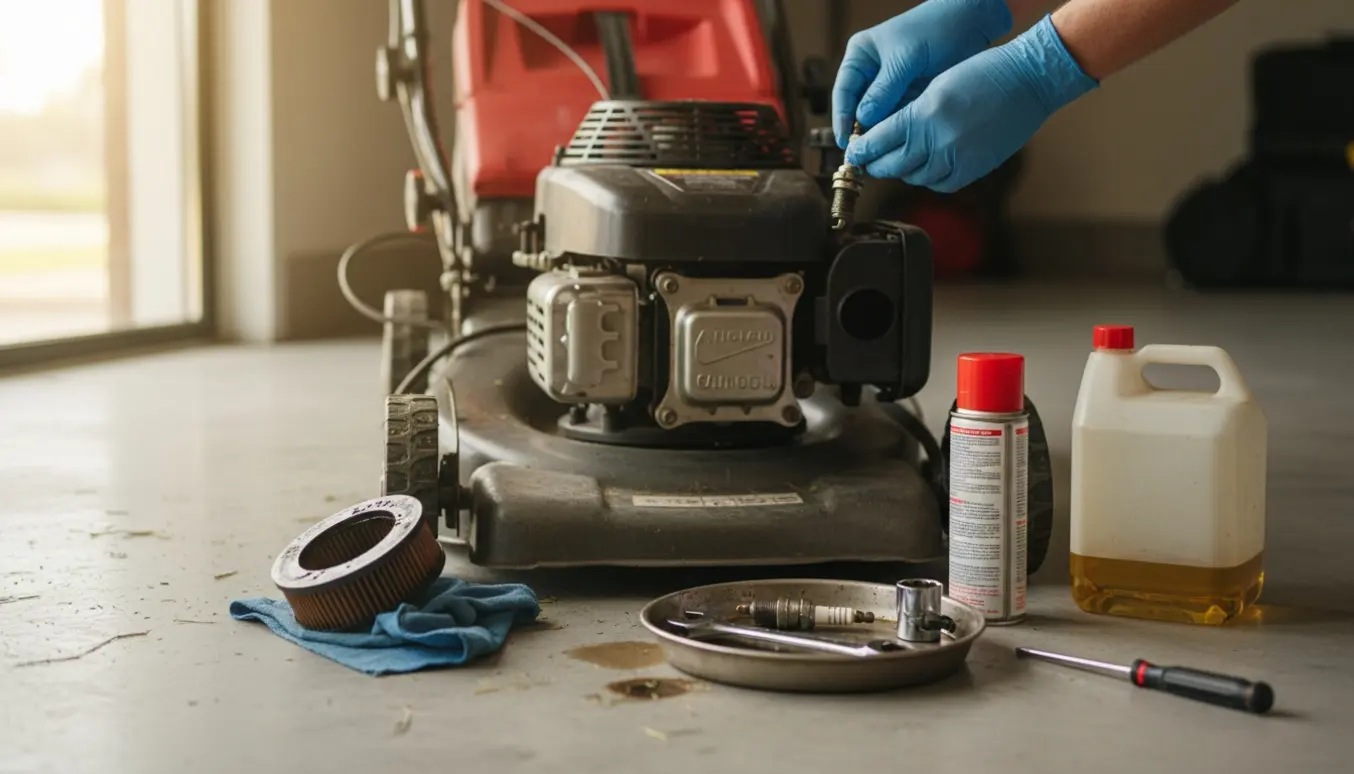 Hænder arbejder på en åben benzinplæneklippers motor i en garage med værktøj og reservedele klar.