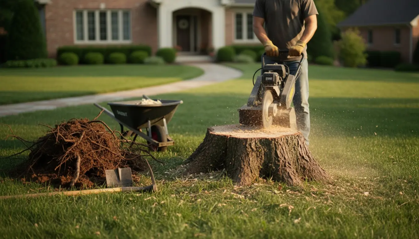 En stump på cirka en halv meter tømmes med en stubfræser i forhaven, omgivet af værktøj og træflis.