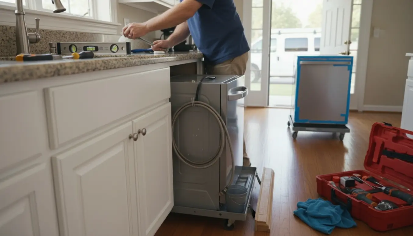 Hænder afmonterer en gammel opvaskemaskine og forbereder en ny til montering i et lyst køkken, med værktøj og en tralle i døråbningen.