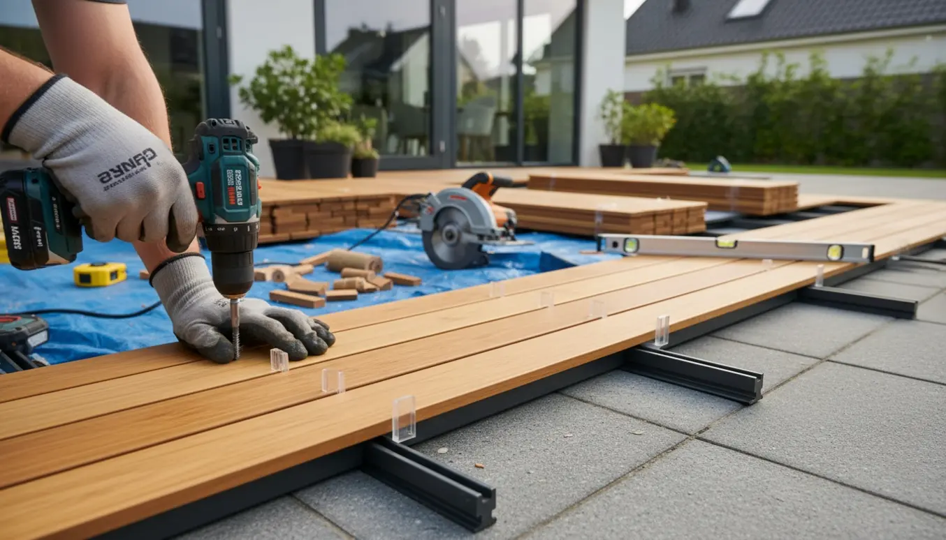 Nærbillede af cognacfarvet bambusplanker, der bliver lagt oven på en eksisterende fliseterrasse med værktøj og arbejdshænder.