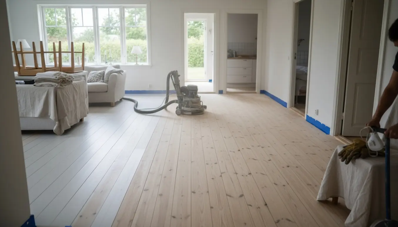 Delvist afslibet trægulv i lyst sommerhus med gulvsliber og tydelig kontrast mellem hvidludet og naturlig træfinish.