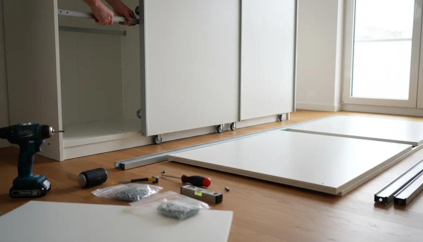 Nærbillede af montering af hvidt Kleppstad-agtigt skydedørsgarderobeskab med værktøj på trægulv.