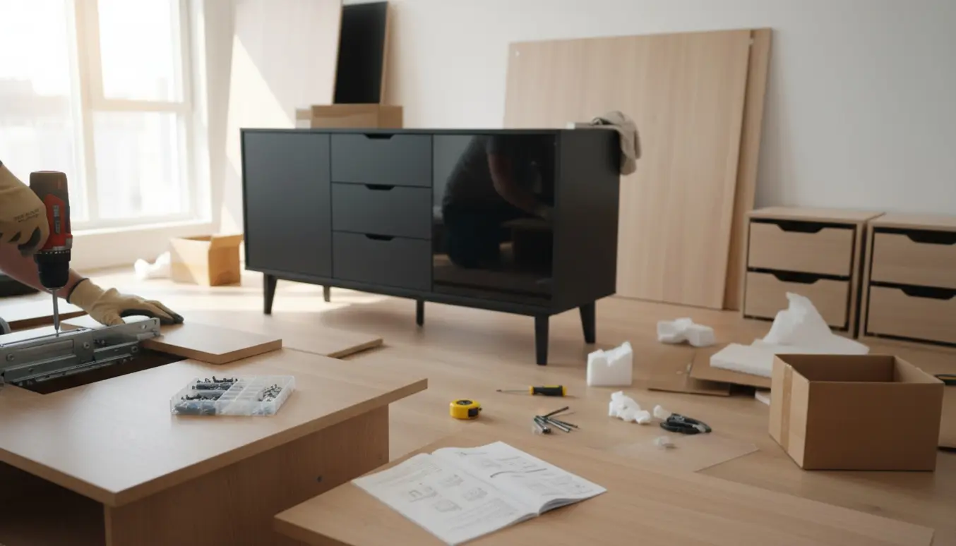 Hænder samler tre møbler i en lys, skandinavisk stue med værktøj og åbne pakker.