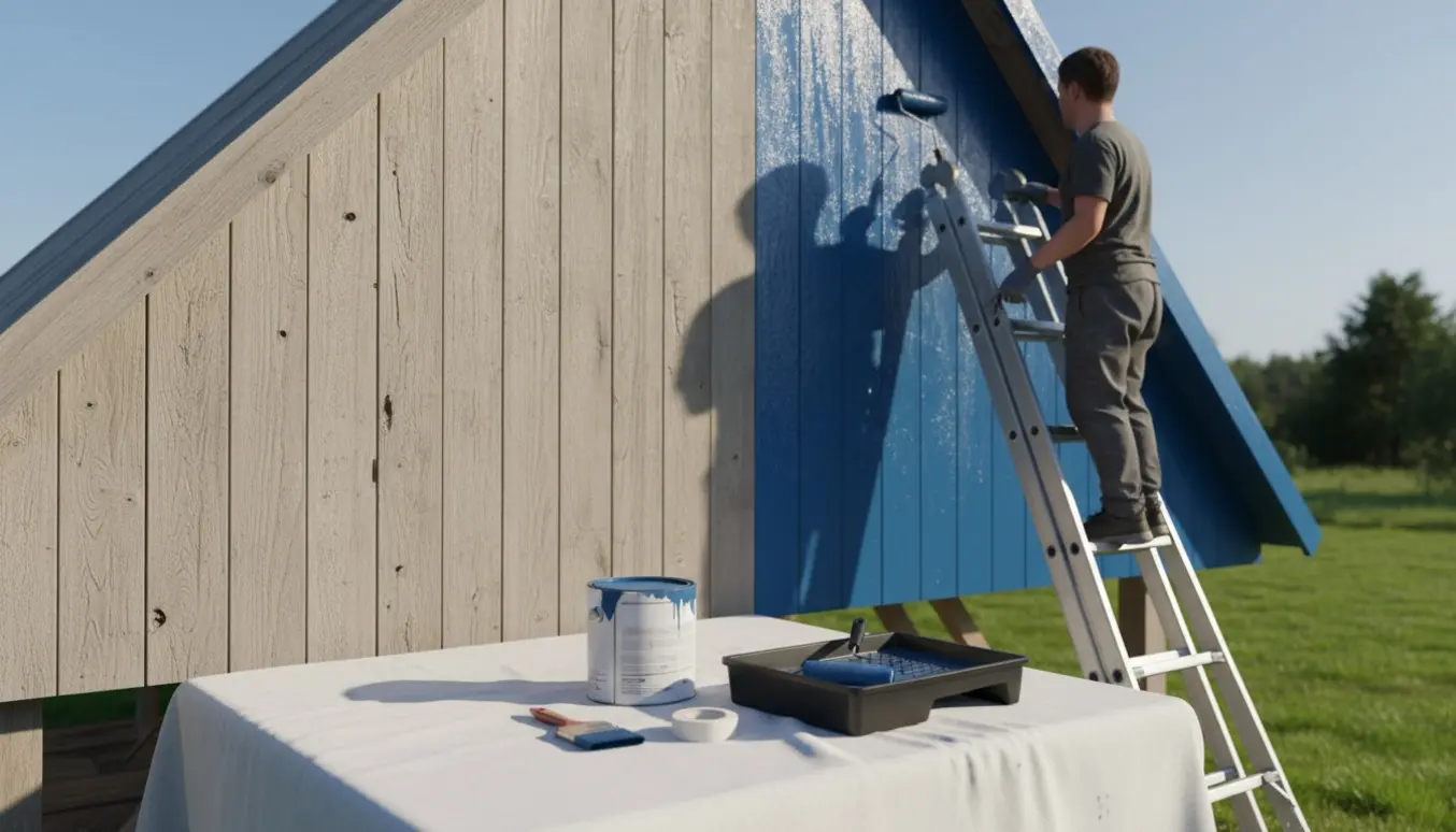 Halvt malet trægavl med stige, malerbøtte og værktøj på en solrig dag.