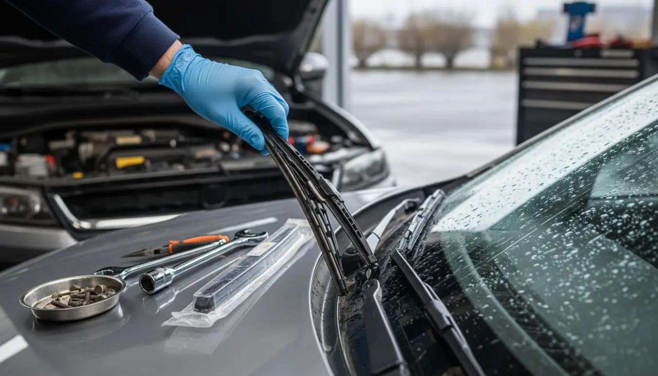En arbejdshandske løfter viskerarmen foran en regndryppet forrude med værktøj på motorhjelmen.