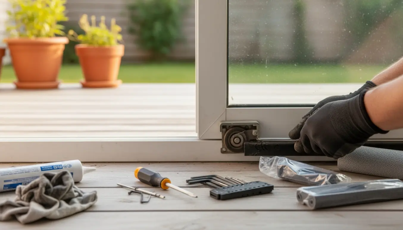 Nærbillede af udvendig skydedør hvor hænder justerer bundrullen og en smal sprække er synlig.
