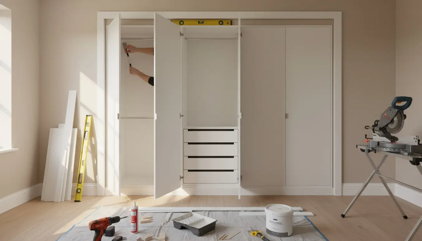 Soveværelse med indbygget Pax-garderobe under efterbehandling, værktøj og materialer lagt frem.