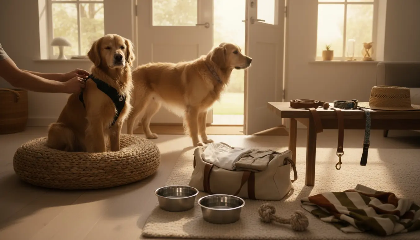 To golden retrievere i en solfyldt stue klar til hundepasning med rejsetaske, snore og skåle.