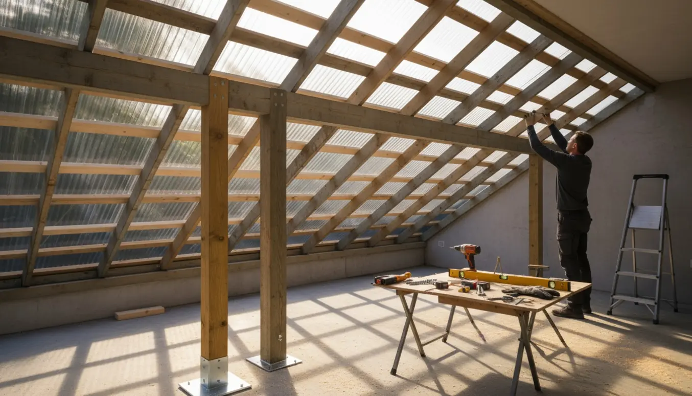 Carport under renovering med udskiftede spær, nye lægter, gennemsigtigt plasttag og en ny stolpe klar til montering.