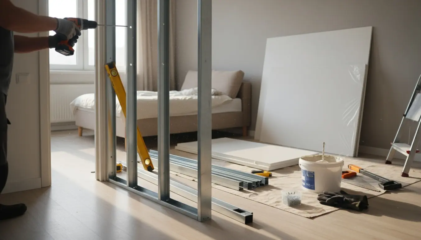 Opsætning af gipsvæg som skillevæg i en lille lejlighed med dørkarm og værktøj klar til montering.