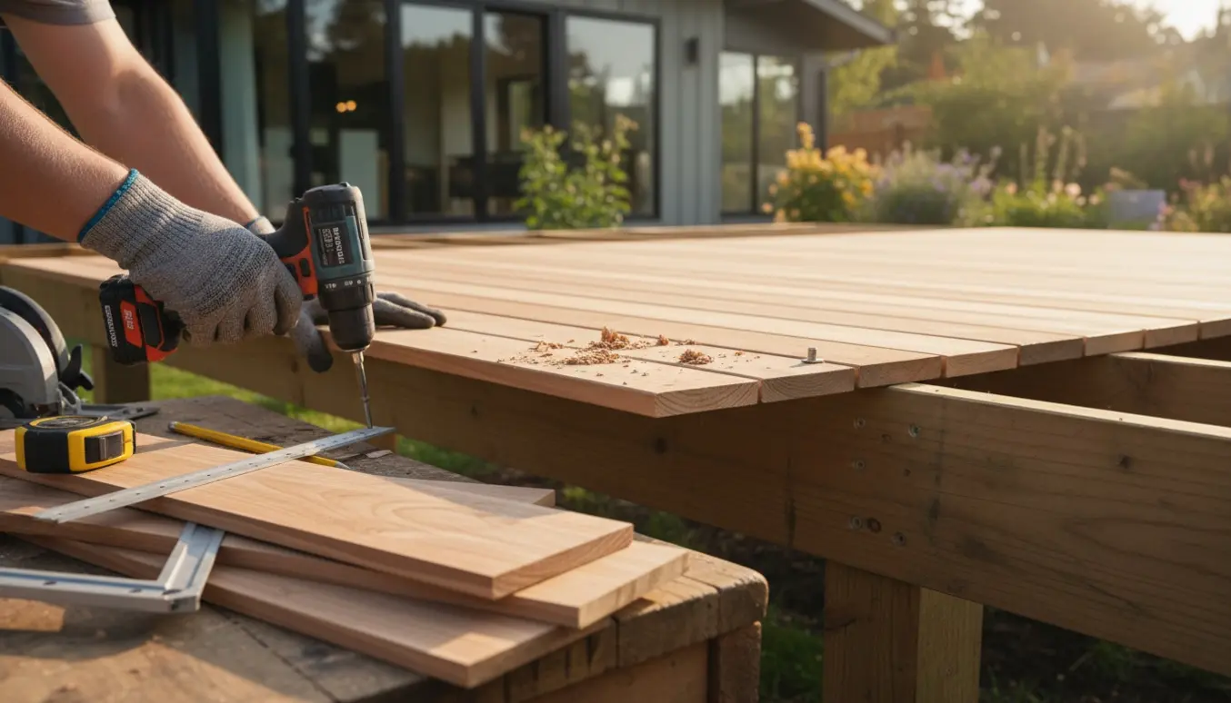 Delvist færdigbygget træterrasse ved huset med værktøj og hænder, der monterer et terrassebræt.