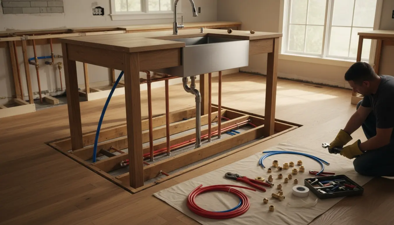 Håndværker fører nye rør under et fjernet gulv for at flytte vandhanen til en køkkenø.
