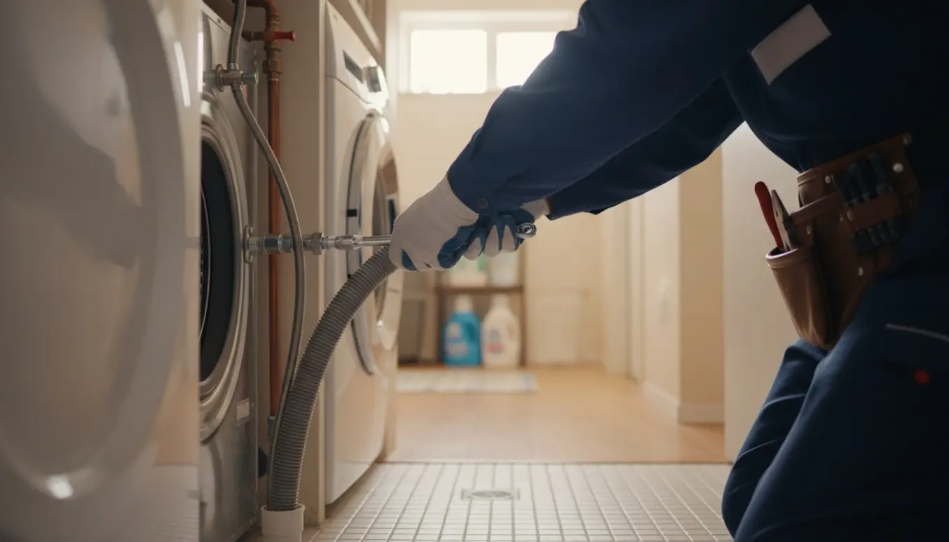 Tekniker tilslutter vand- og afløbsslanger til en vaskemaskine i en lejlighedsvaskerum.