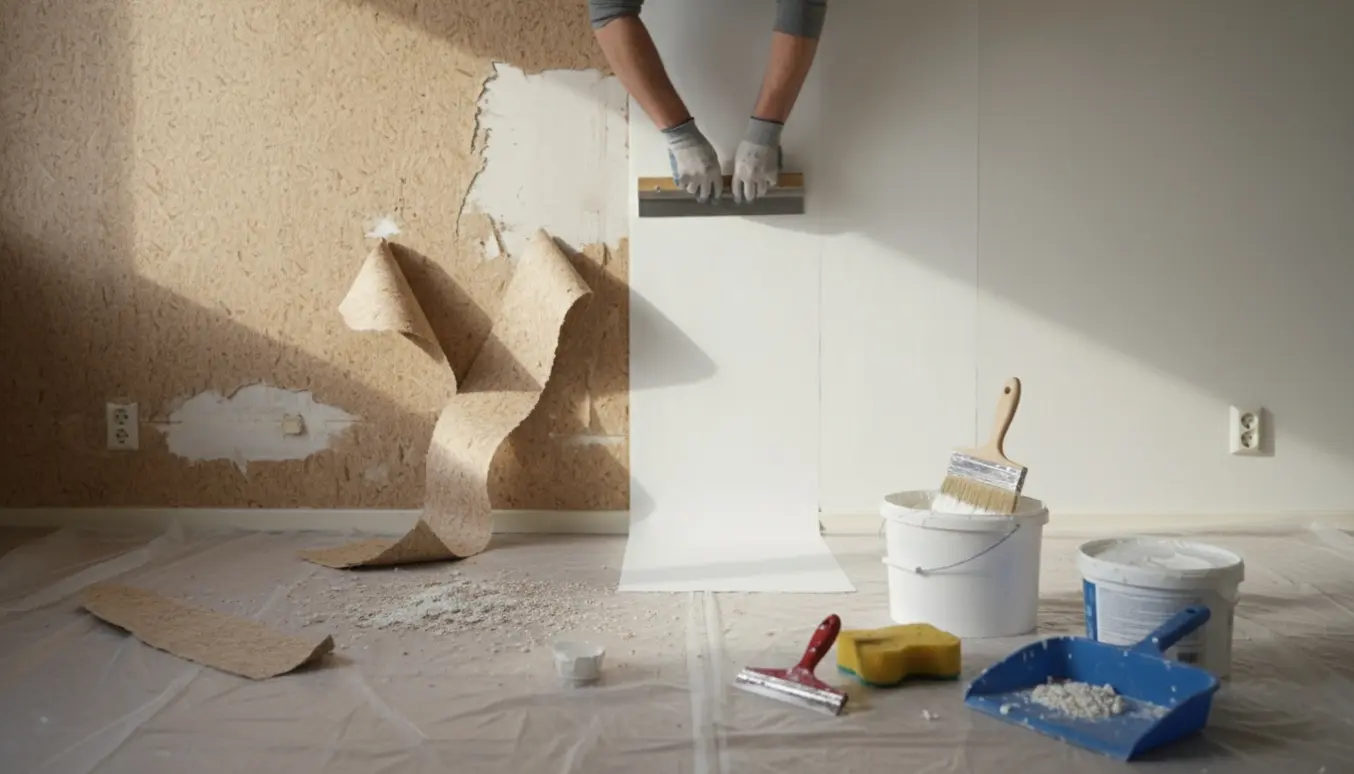 Tomt rum med halvt fjernet savsmuldstapet og hænder, der glatter nyt filt på væggen, værktøj spredt på gulvet.