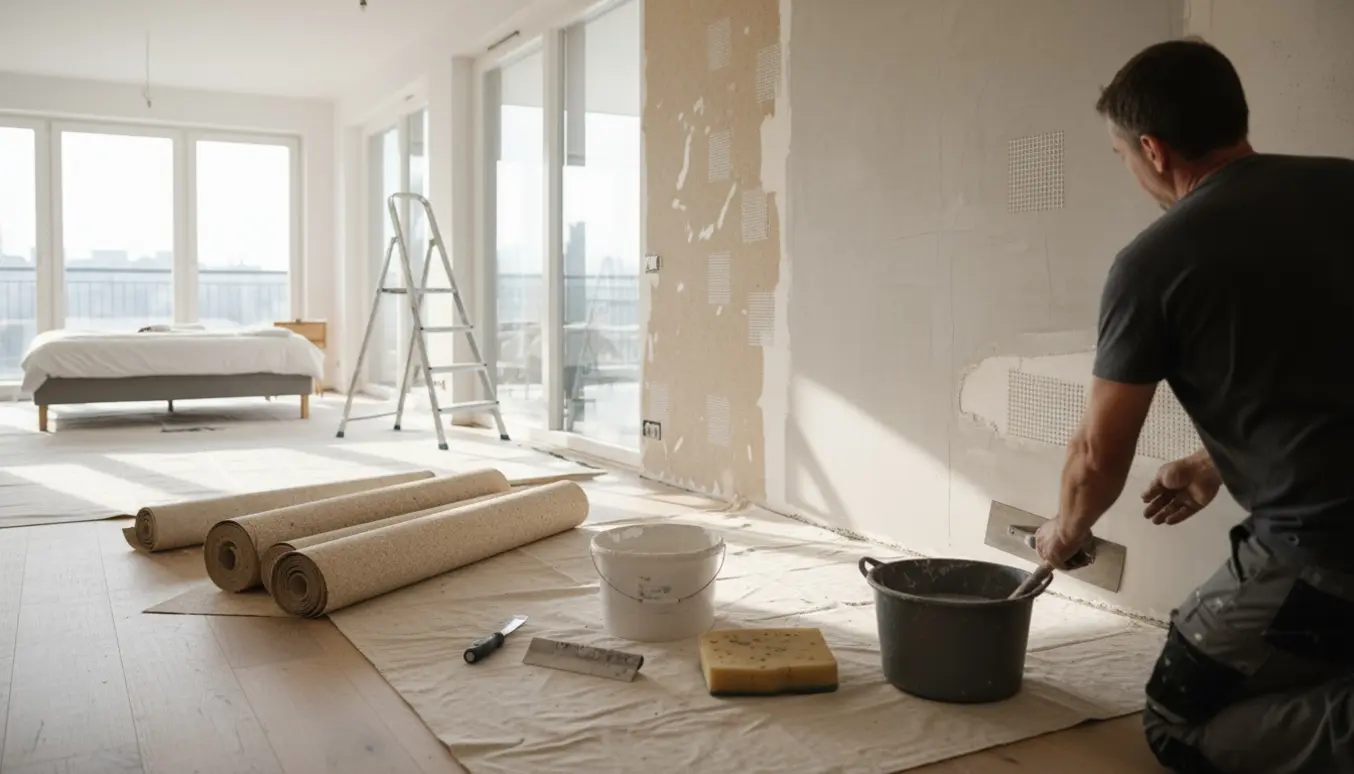 Håndværker glatter væg efter at have fjernet gammel savsmuldstapet i et lyst rum med store vinduer.
