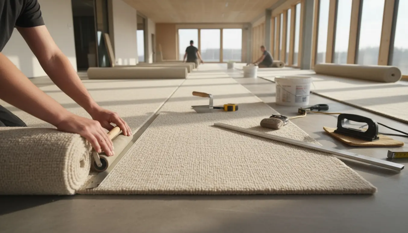 Håndværkere lægger lange tæppestrimler i et lyst, stort lokale med værktøj og præcise sømme.