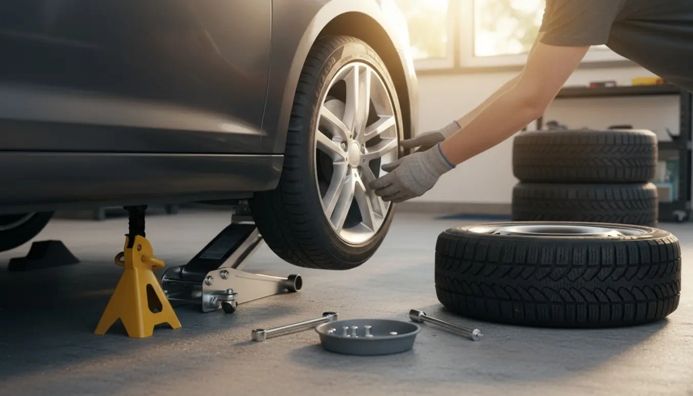 Nærbillede af hænder, der skifter fra vinterdæk til sommerdæk på en bil med donkraft, værktøj og stabler af dæk.