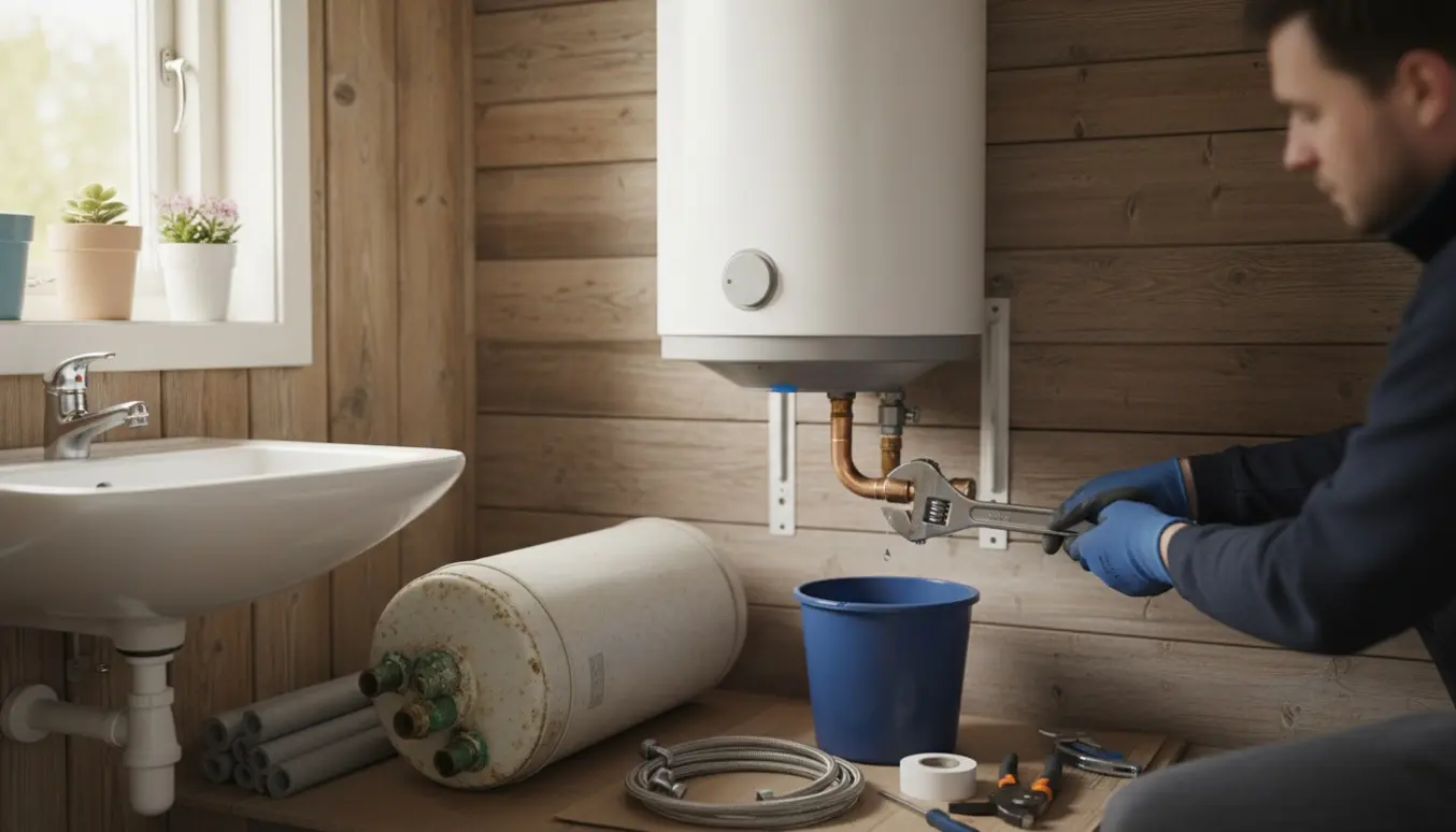 Udskiftning af en lille vægmonteret vandvarmer i et kolonihavehus med hænder, rør og skruenøgle.