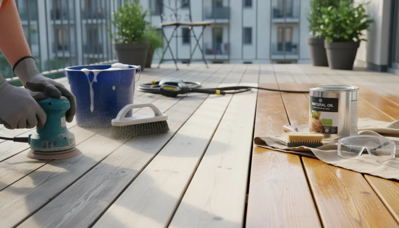 Nærbillede af hænder, der sliber og olierer en træaltan med synlig forskel mellem vejrslidt og nyolieret træ.