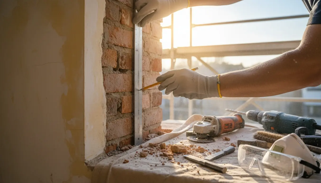 Indvendigt billede af et vindueshul, der gøres bredere, med håndværktøj og murstøv.