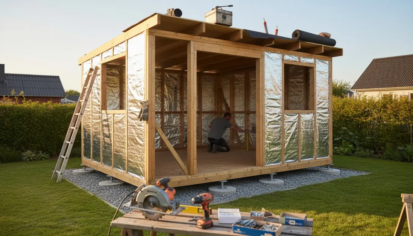 Delvist opført træskur på punktfundament med isolering og tagpapruller klar til montering.