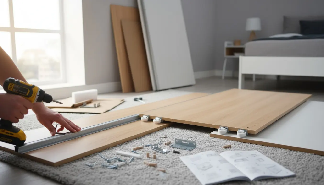 Samling af stort hvidt klædeskab med skydedøre i lyst soveværelse med værktøj og dele på gulvet.