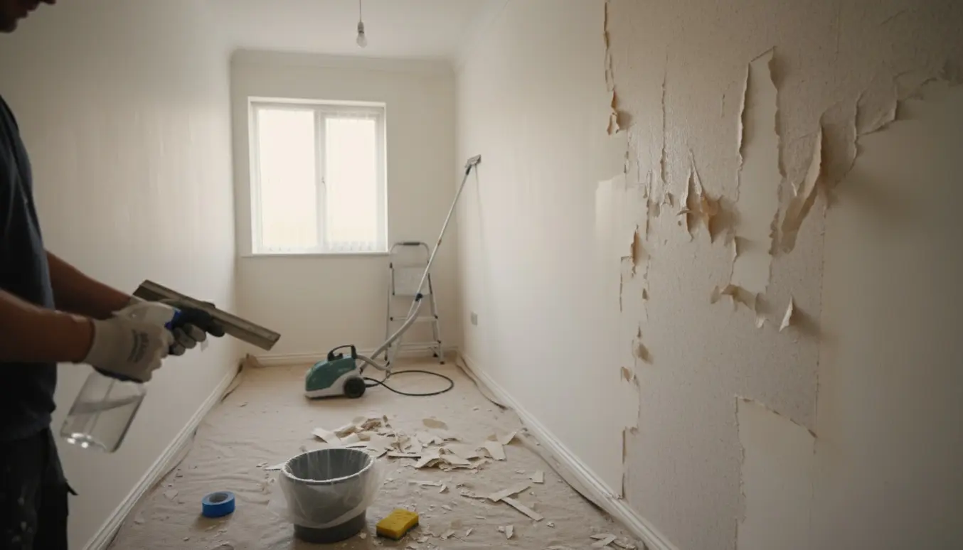 Fjernelse af savsmuldstapet i et lille værelse med skraber, dampmaskine og afdækningsdug.