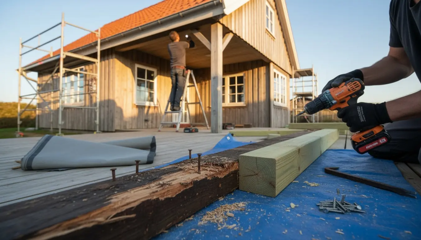 Udsnit af sommerhus hvor nyt træ monteres i stedet for rådne bjælker ved en overdækket terrasse.