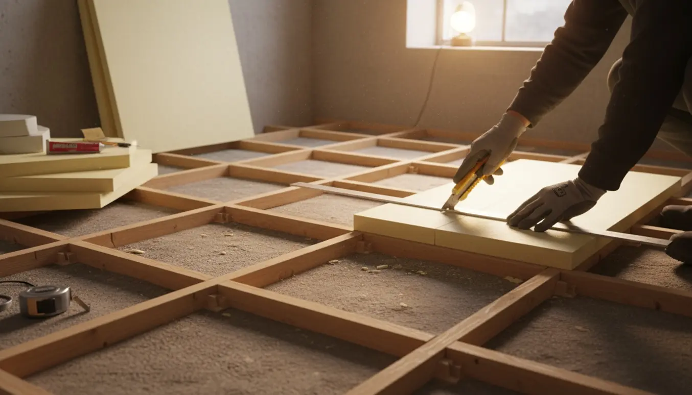 Kælderværelse under isoleringsarbejde med hårde skumplader lagt på betongulvet mellem strøer og værktøj ved siden af.