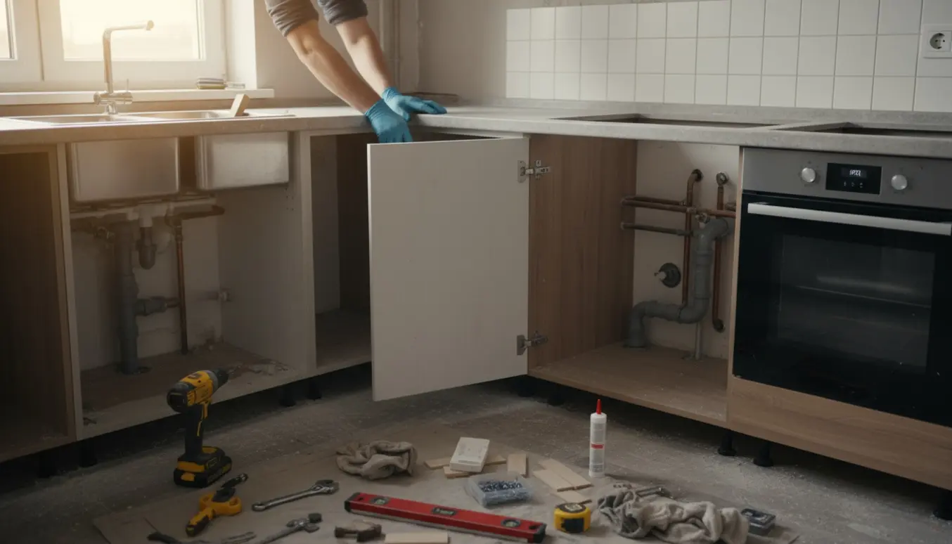 Hænder monterer nye køkkenmoduler under en eksisterende bordplade med synlige vandrør og værktøj.