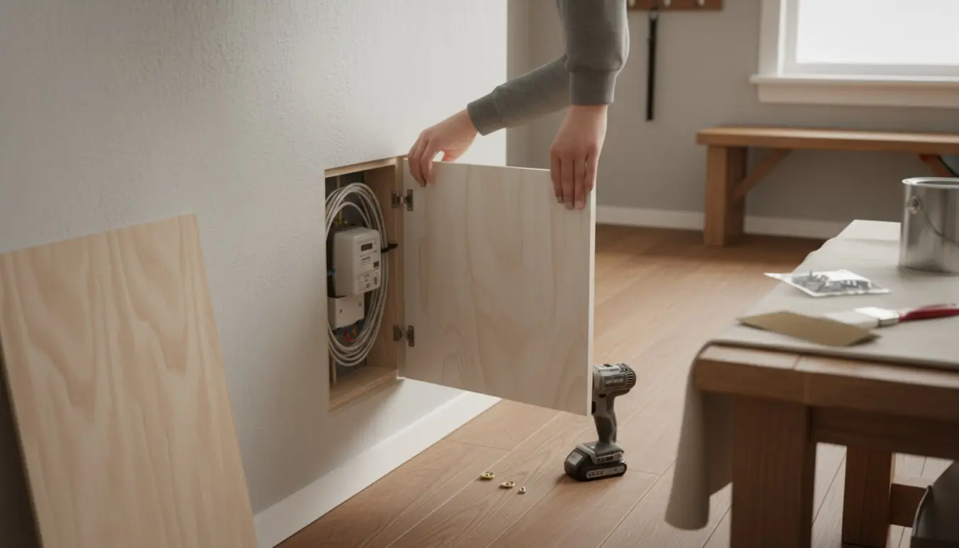 Hænder monterer et lille træskab med låge over en elmåler i en lys entre omgivet af værktøj og materialer.