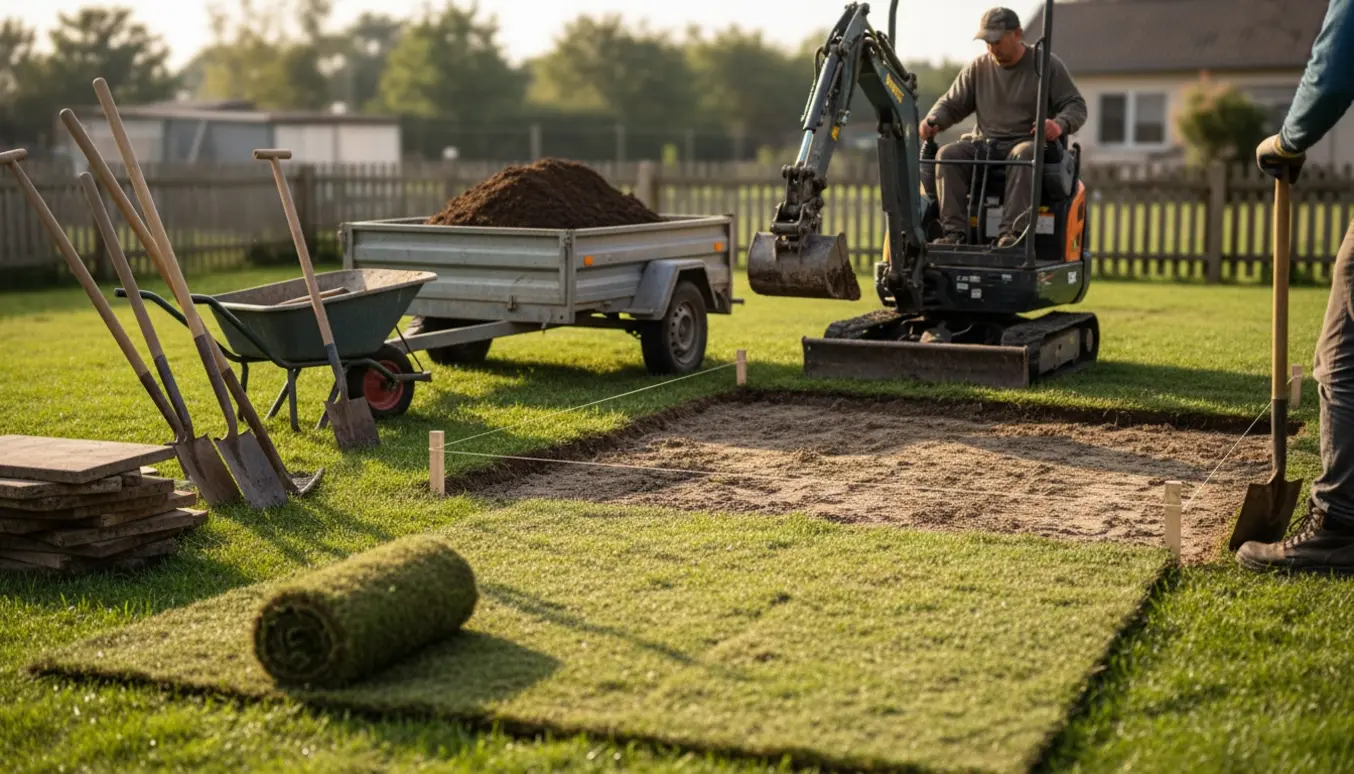 Mini-gravemaskine laster jord i en trailer foran en opmålt terrasseplads i en baghave.
