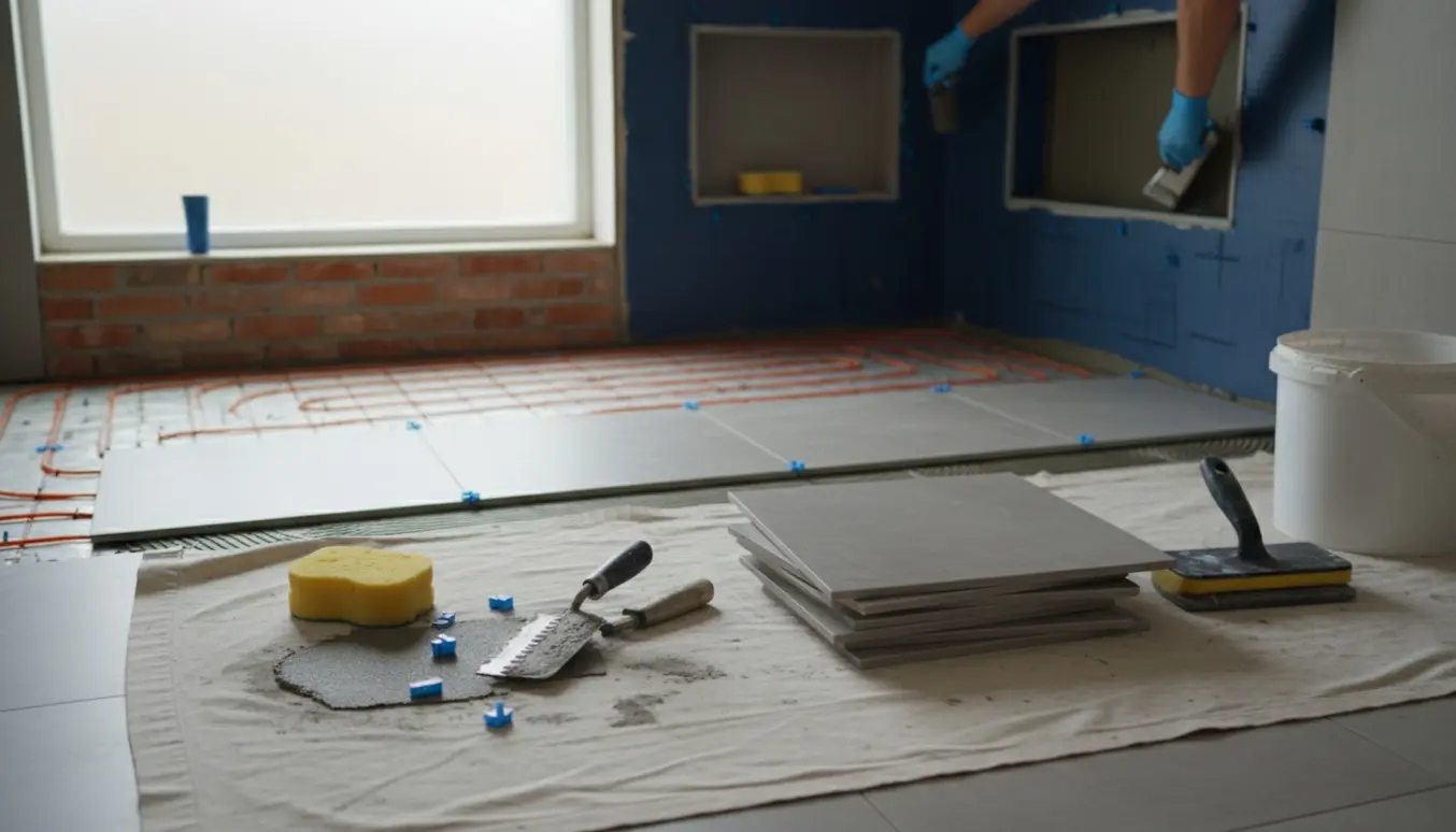 Badeværelse under renovering med delvist lagte fliser, gulvvarmemåtte, vådrumsmembran og murerarbejde over vinduet.